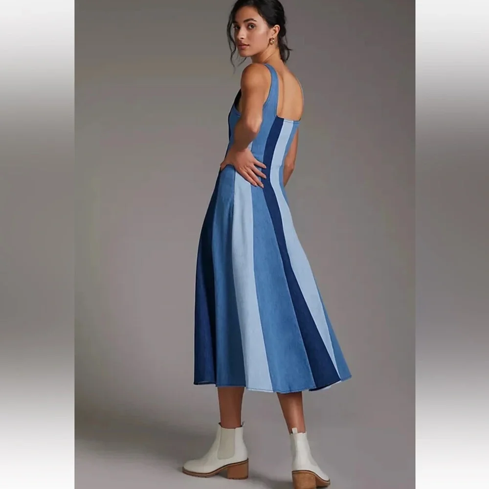 Anthropologie x Farm Rio Blue and White denim color blocked Midi Dress S - Picture 13 of 13
